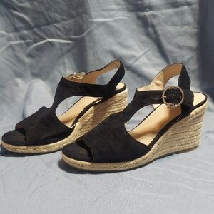 LifeStride Black Faux Suede Espadrille Wedge Sandals Open Toe Ankle Strap Size 8